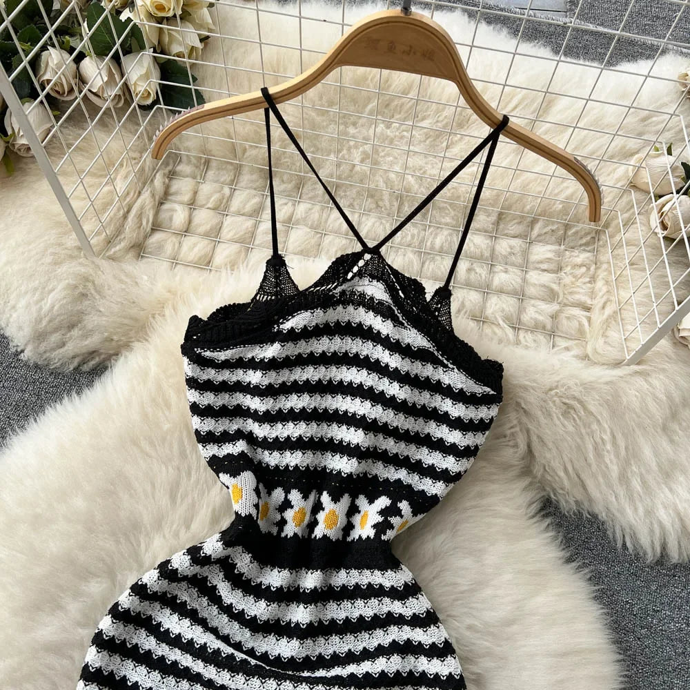 Black And White Striped Crochet Midi Dress on Luulla