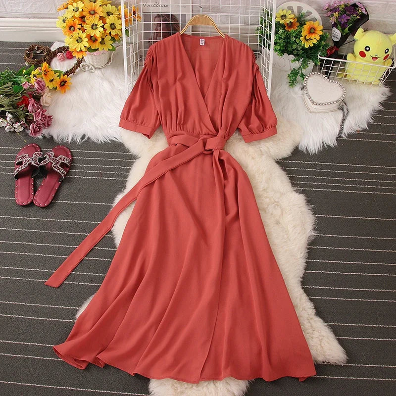 Elegant V-neck Belted Maxi Dress Rust