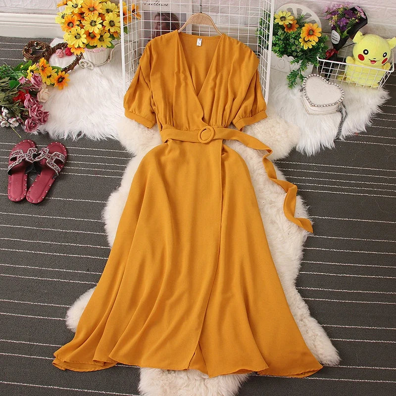 knee length dresses for ladies V-Neck Belted Maxi Dress main image 0