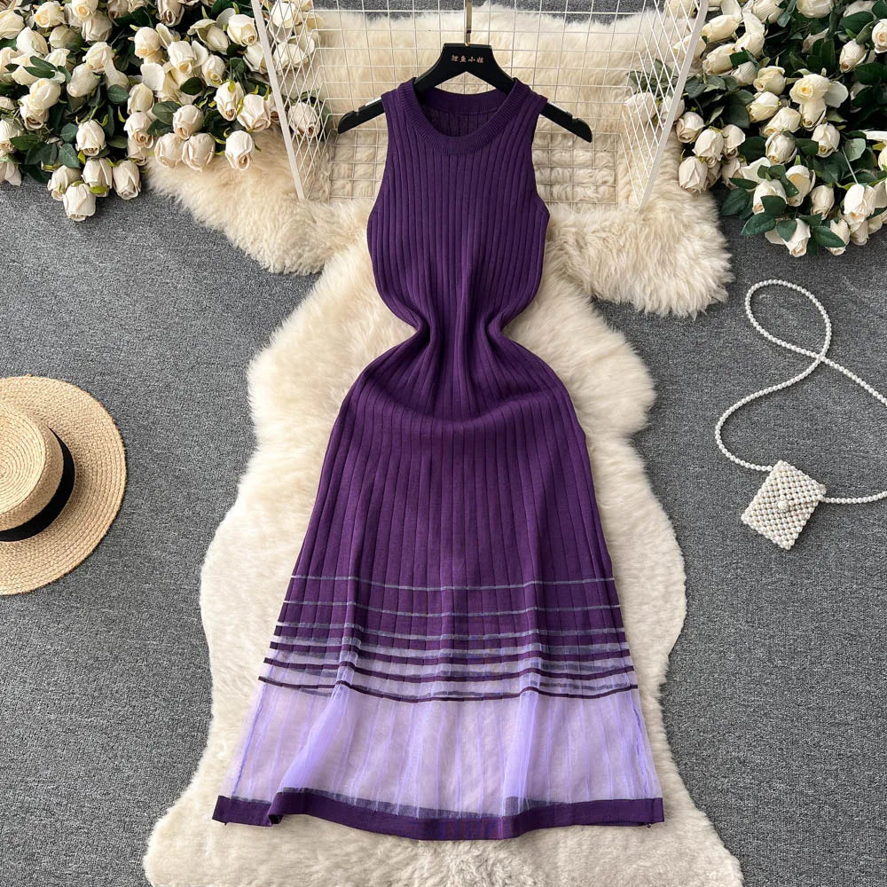 Elegant Sleeveless Purple Knitted Maxi Dress