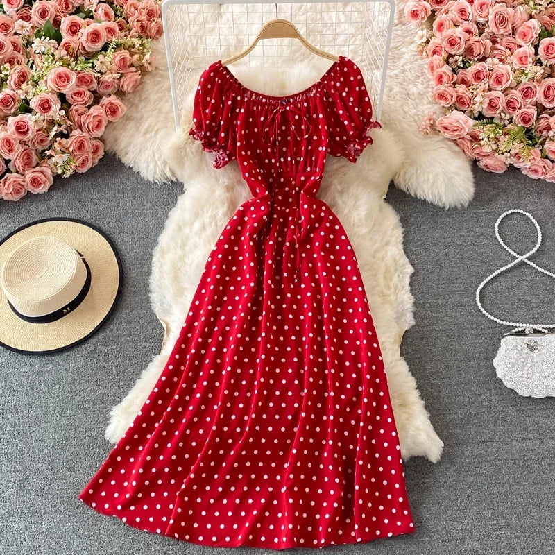 knee length dresses for ladies Berylove Women A Line Off The Shoulder Graduation Dress Polka Dot Black White Midi Summer Dress, Black White Dot / US10 main image 1