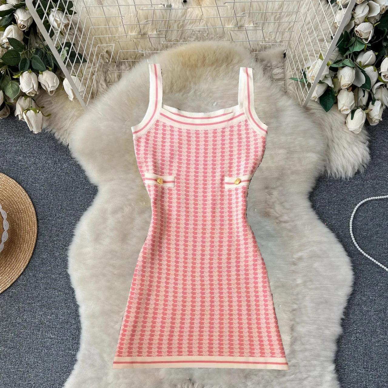 Pink Sleeveless Houndstooth Pattern Bodycon Mini Dress