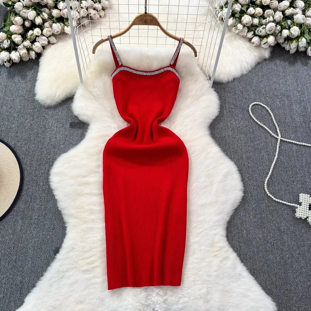 Elegant Red Sleeveless Bodycon Dress With Rhinestones on Luulla