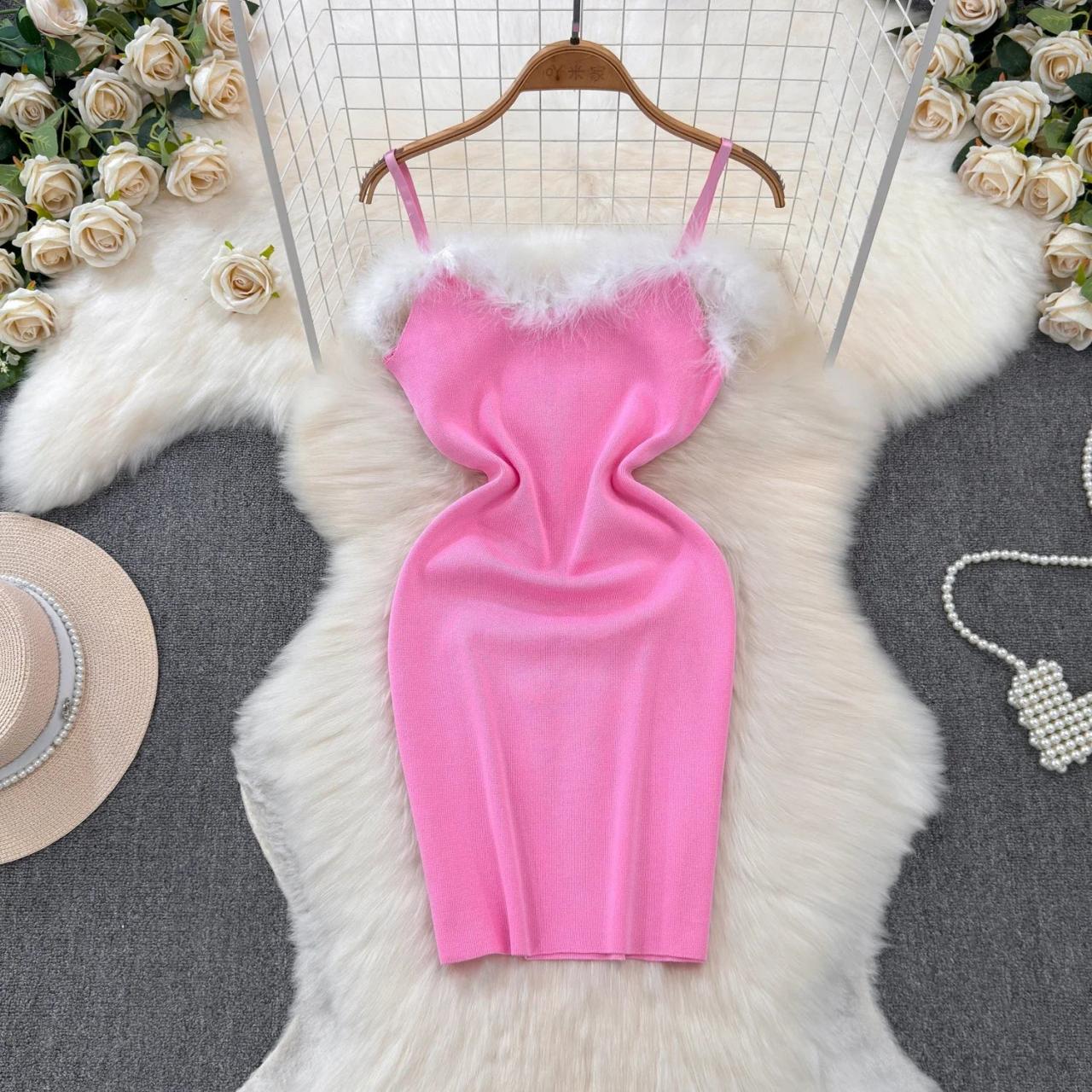 pink fur trim dress Oh Polly satin square neck corset faux fur trim mini dress in light pink