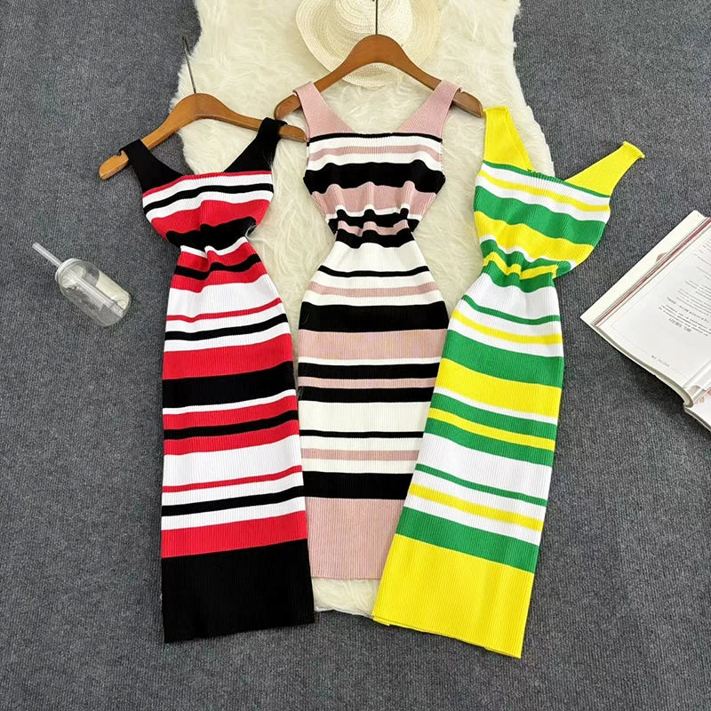 multicolor striped bodycon dress Colorful Striped Bandage Midi Dress  bebe