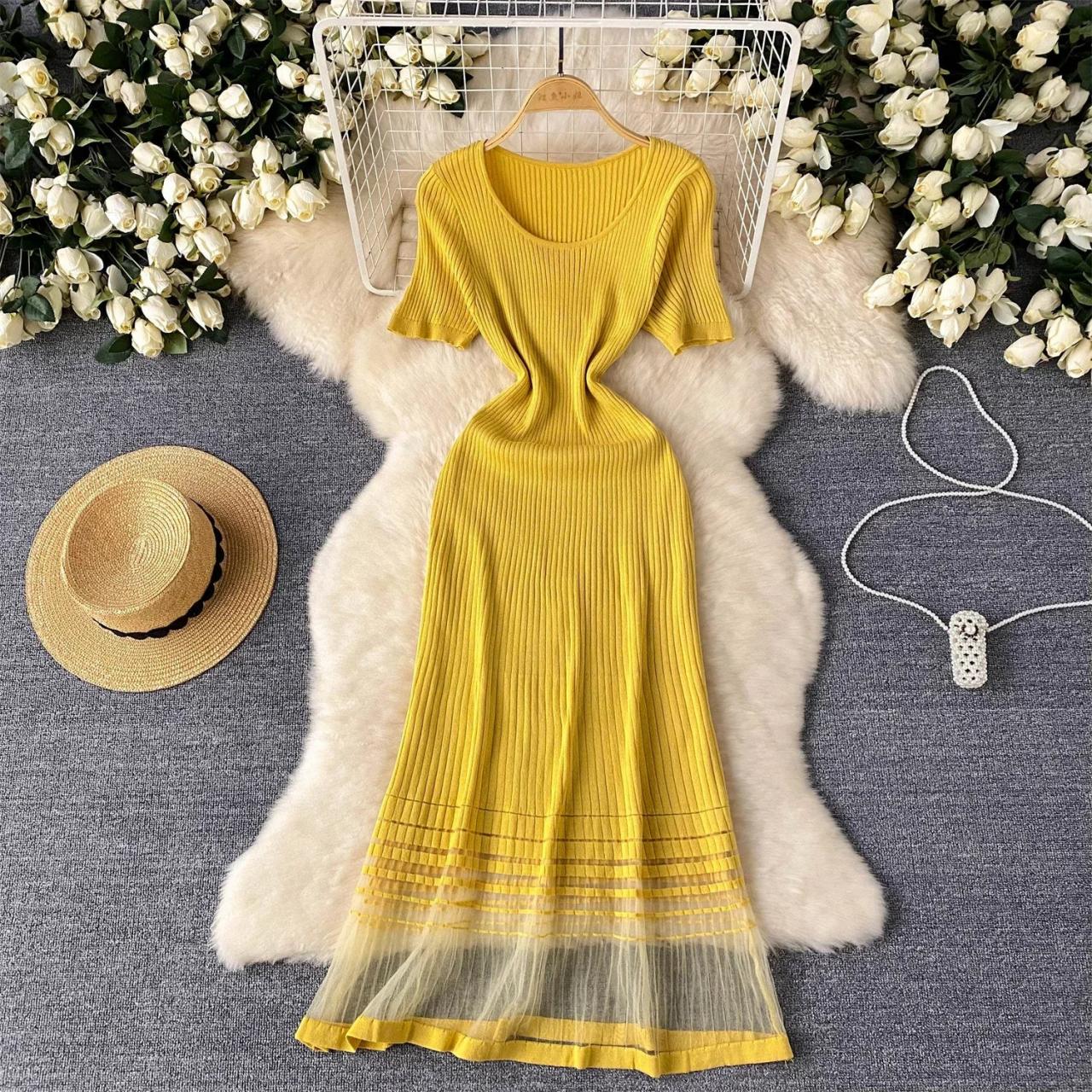 Elegant Yellow Ribbed Knit Midi Dress