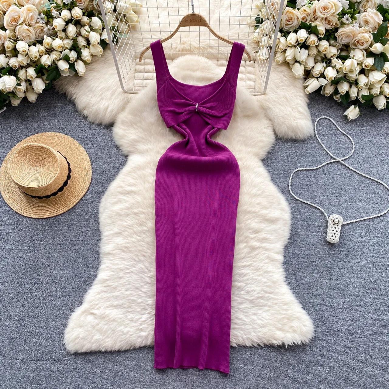 Elegant Sleeveless Purple Midi Dress With Bow