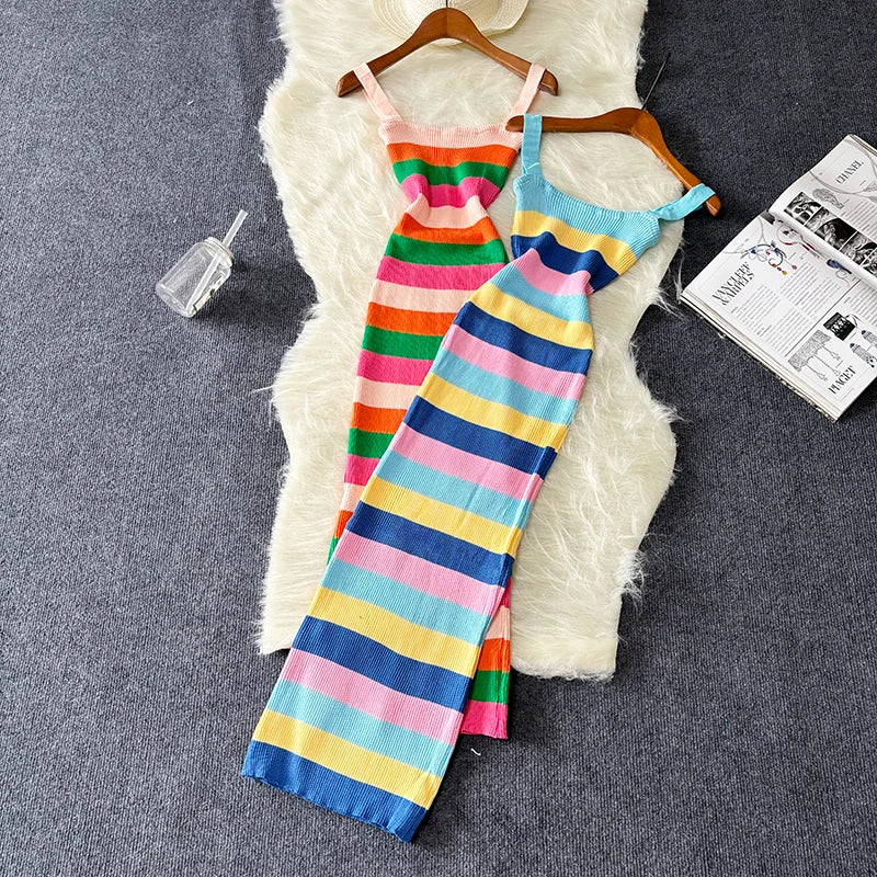Colorful Striped Sleeveless Knit Maxi Dress