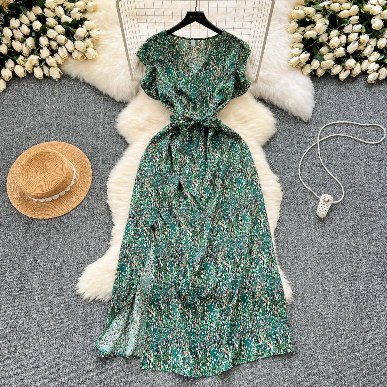 Floral Green Maxi Dress With Waist Belt