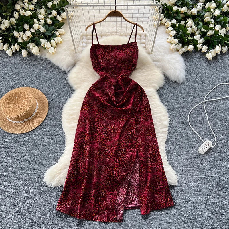 Red floral silk dress shop