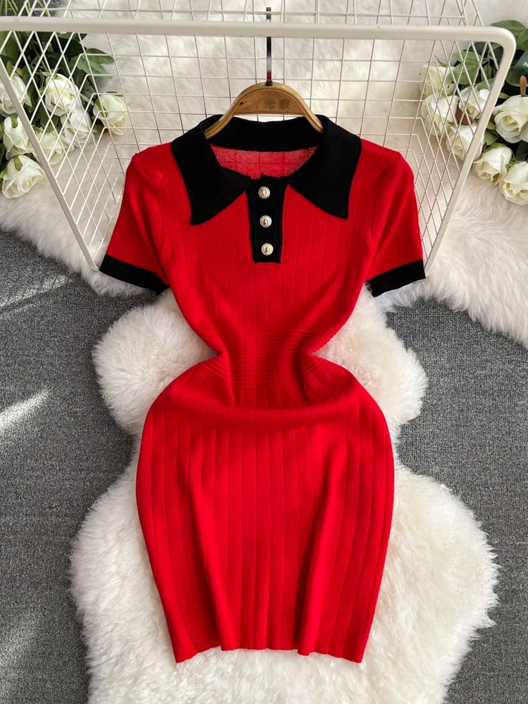 Elegant Red Ribbed Knit Polo Dress