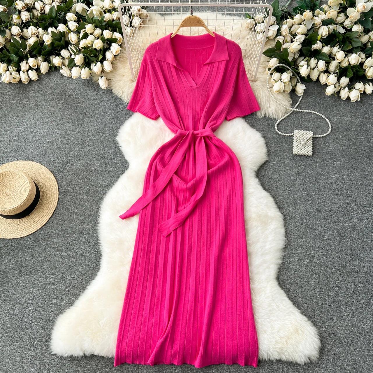 Elegant Pink Ribbed Knit Midi Dress on Luulla