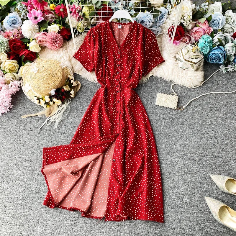 Red Polka Dot Wrap Summer Maxi Dress