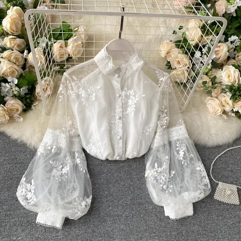 White Floral Lace Long Sleeve Chiffon Blouse on Luulla