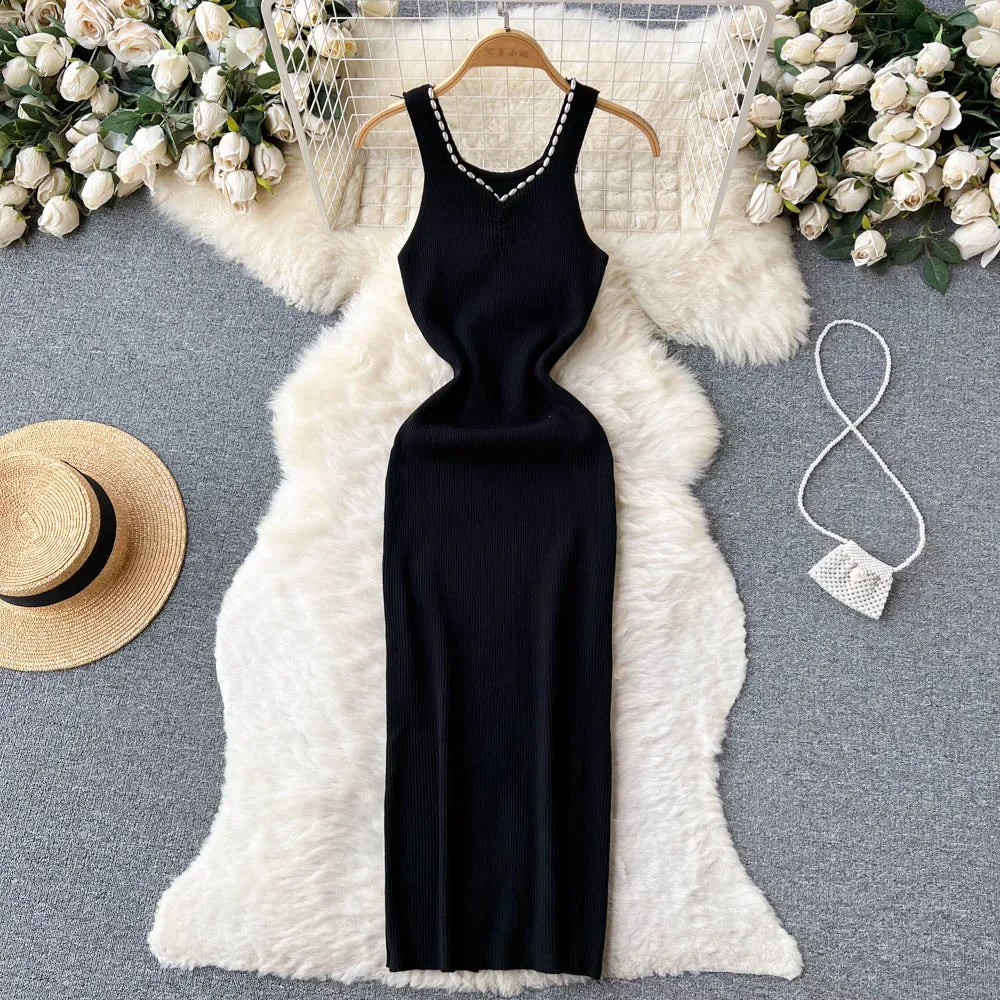 black sleeveless bodycon midi dress Women Solid Black Boat Neck Sleeveless Straight Hem Knitted Bodycon Midi  Dress