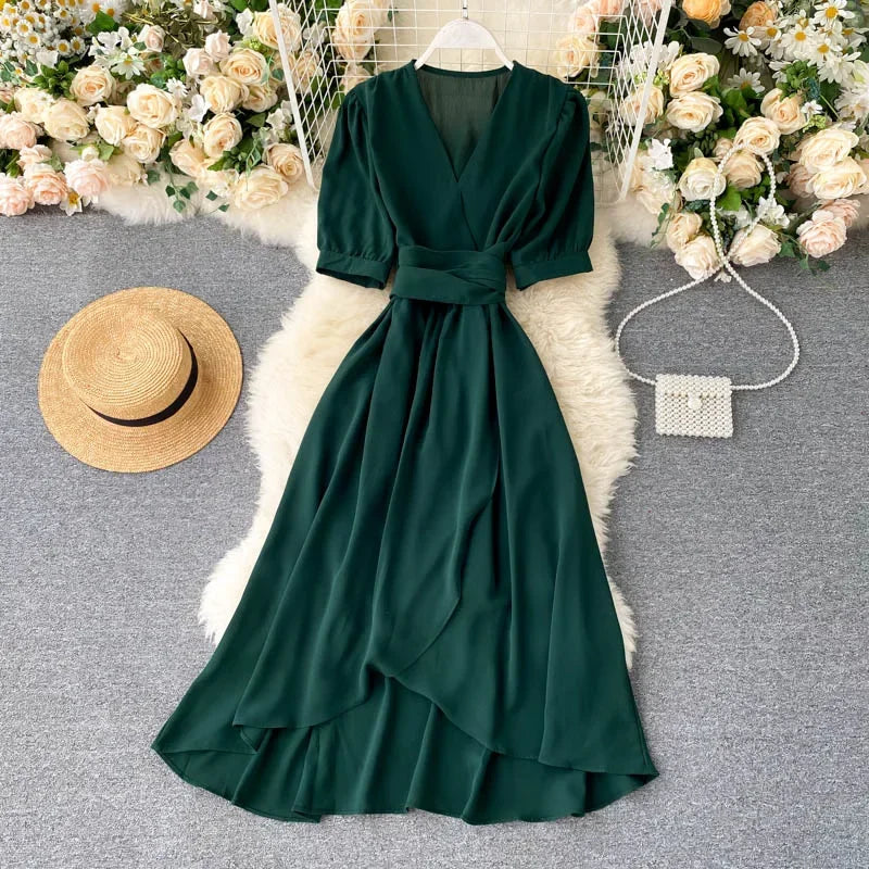 green emerald velvet dress Plus Size V Neck Ruffle Midi Dress-Army Green, 5XL