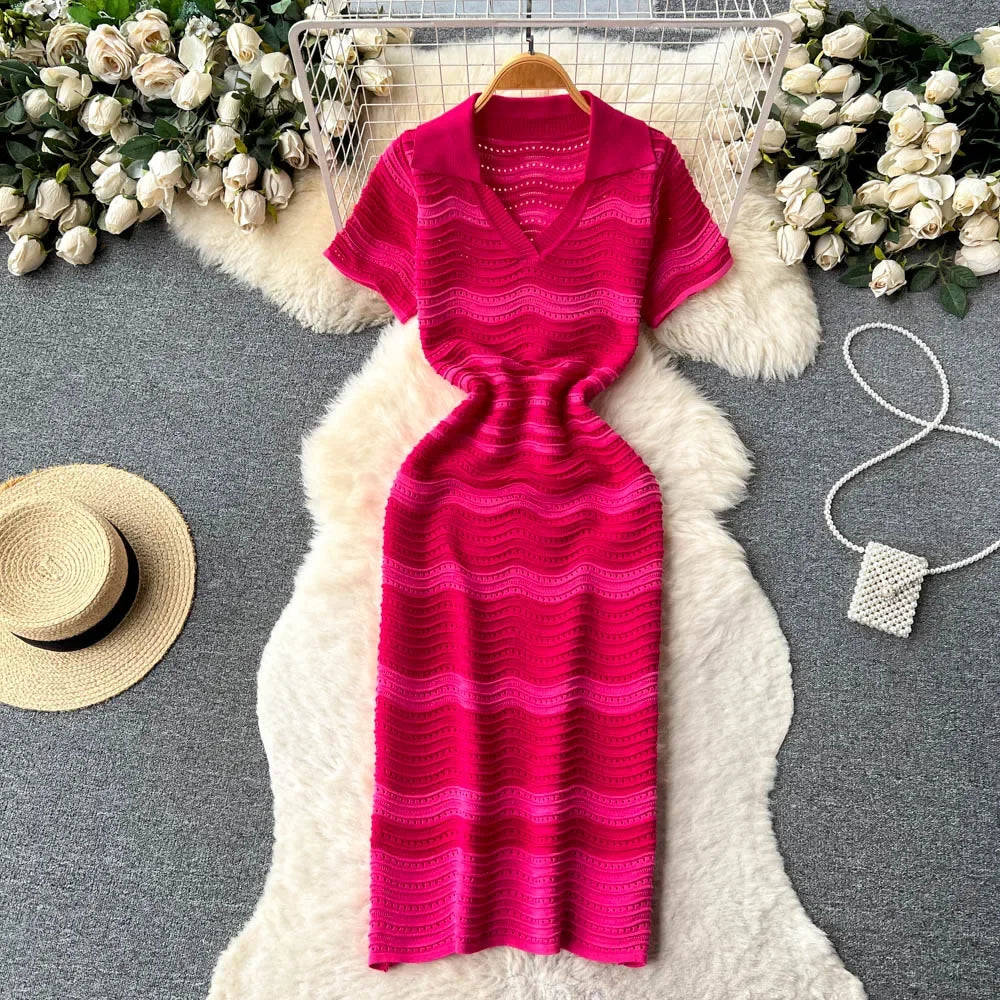 Elegant Pink Knit Short-Sleeve Midi Dress