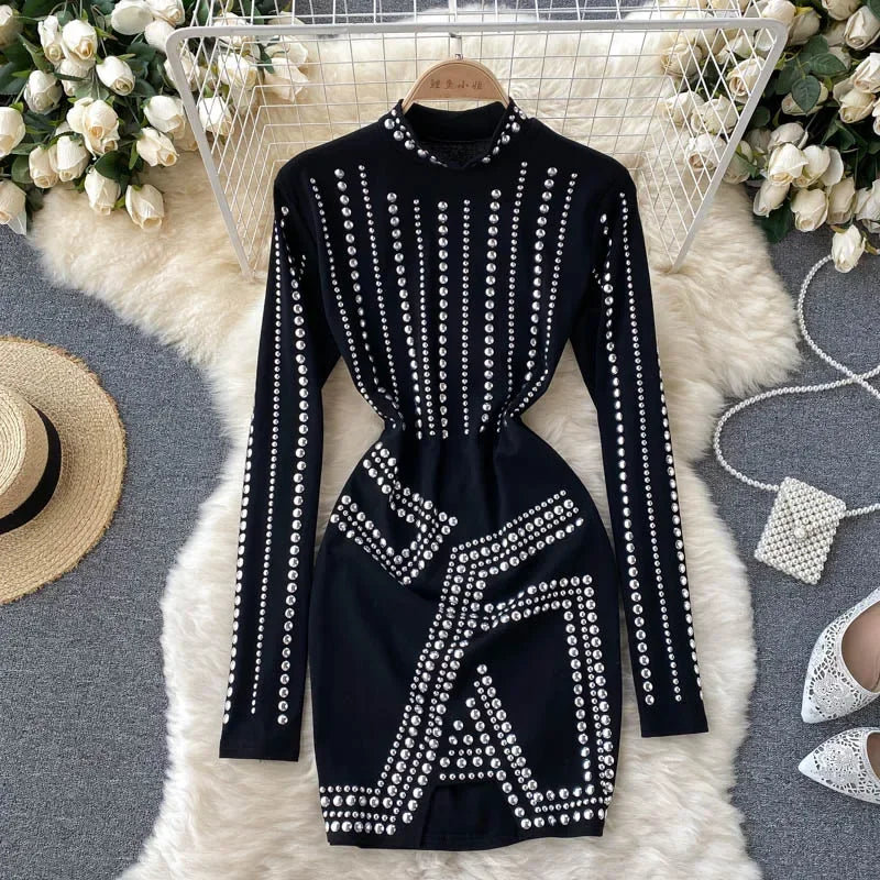 Black Studded Long Sleeve Bodycon Mini Dress on Luulla