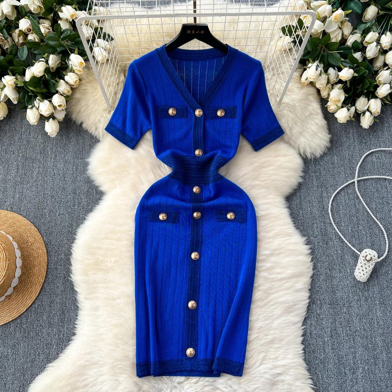 royal blue knit dress Metallic Royal Blue Sunrise Sparkle Knit Dress – Des Kohan main image 0