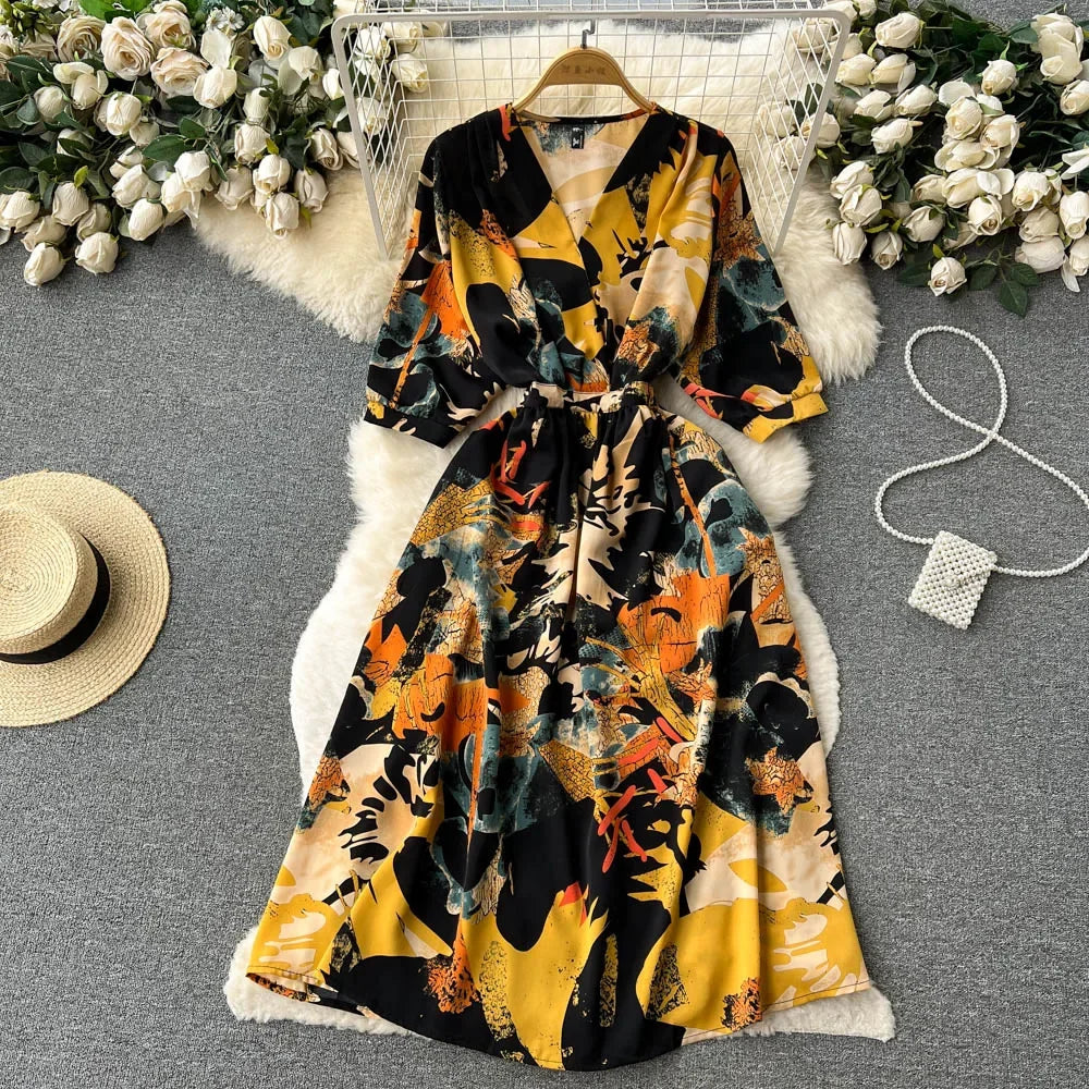 Vibrant Abstract Print Long Sleeve Maxi Dress