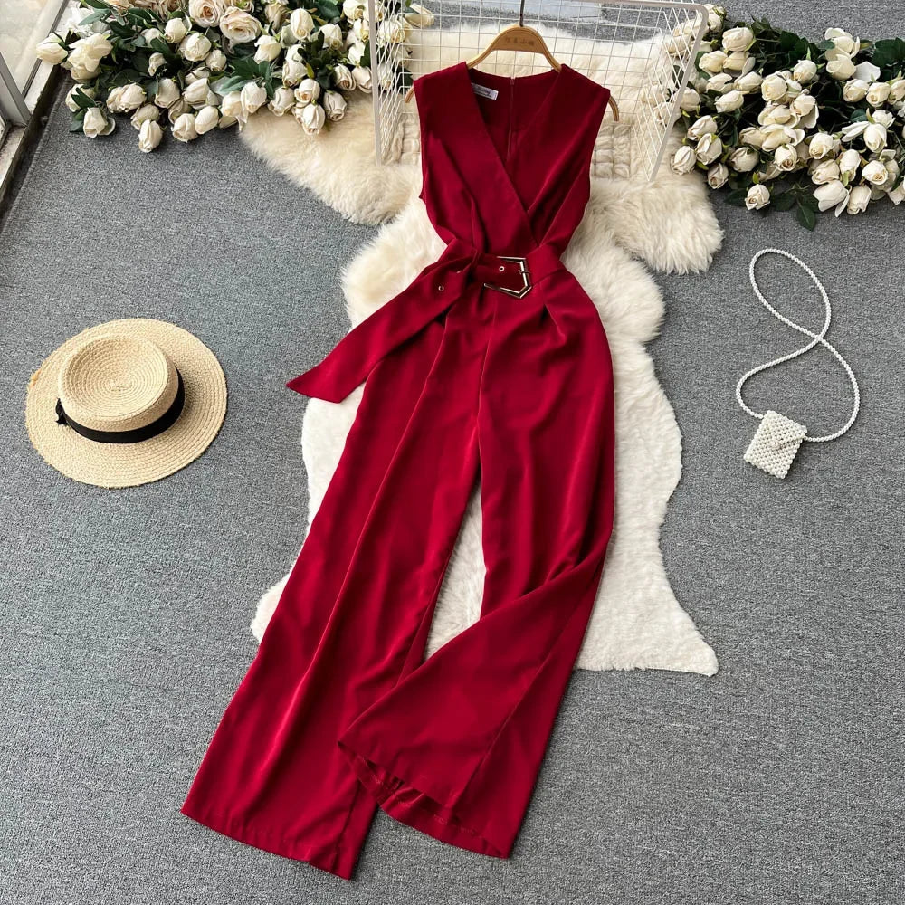Elegant Red Sleeveless Belted Wide leg Jumpsuit