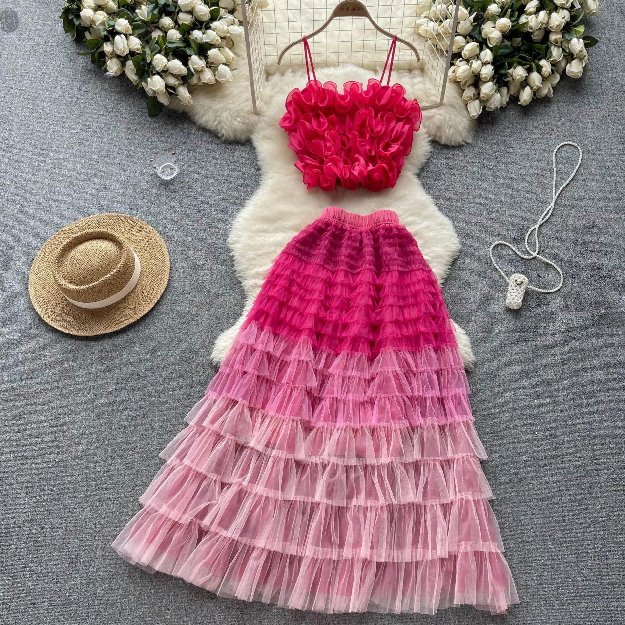 Summer Boho Ruffle Pink Layered Tulle Dress