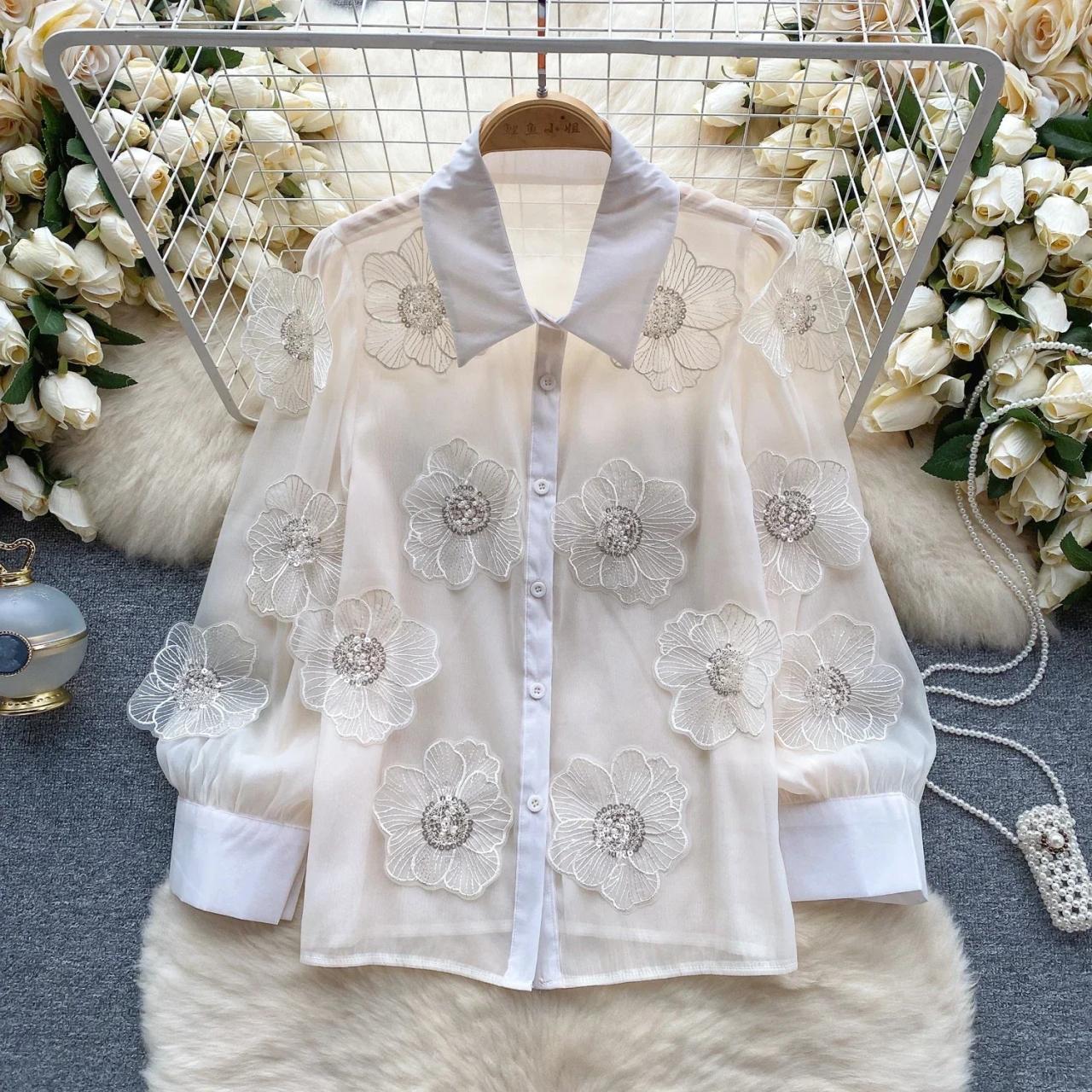 Floral Embroidered Sheer Long Sleeve Blouse on Luulla 