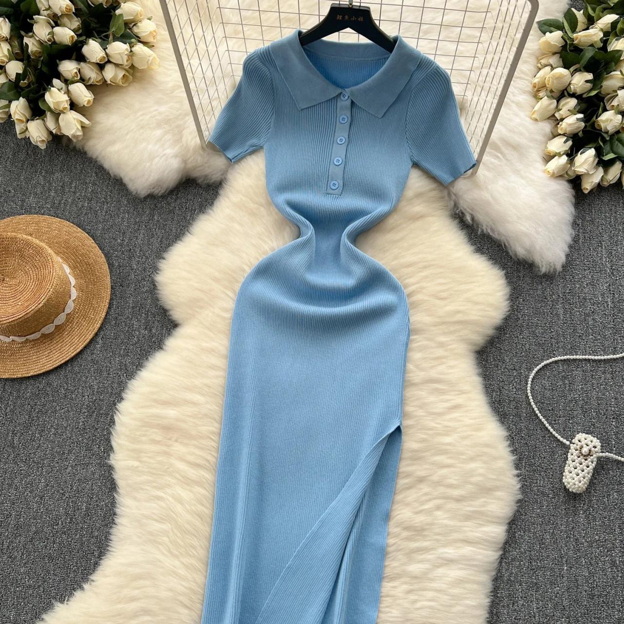 Elegant Ribbed Knit Polo Midi Dress on Luulla