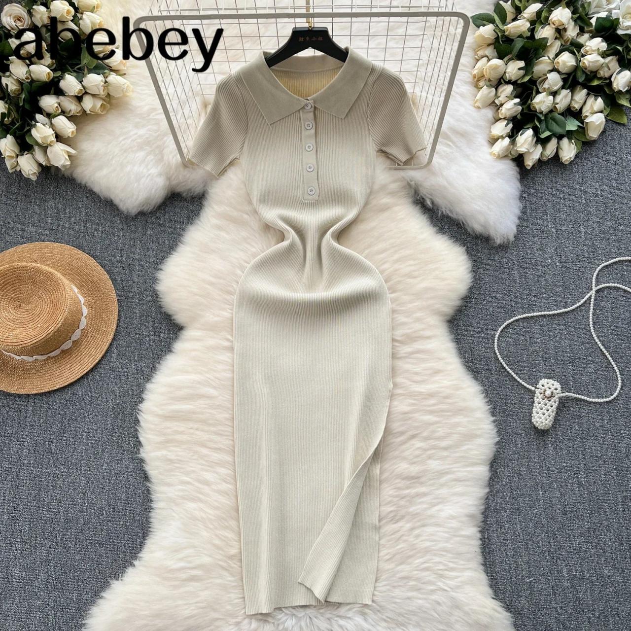 Elegant Ribbed Knit Polo Midi Dress