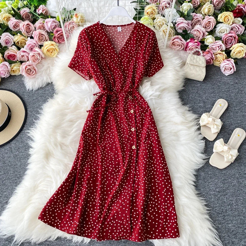 Red polka dot button down dress 2025