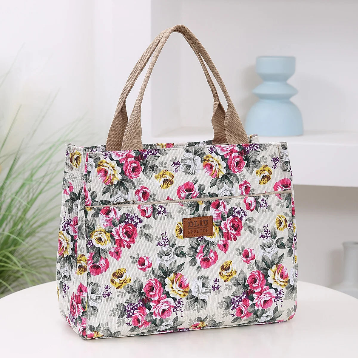 Floral Print Canvas Tote Bag With Handles