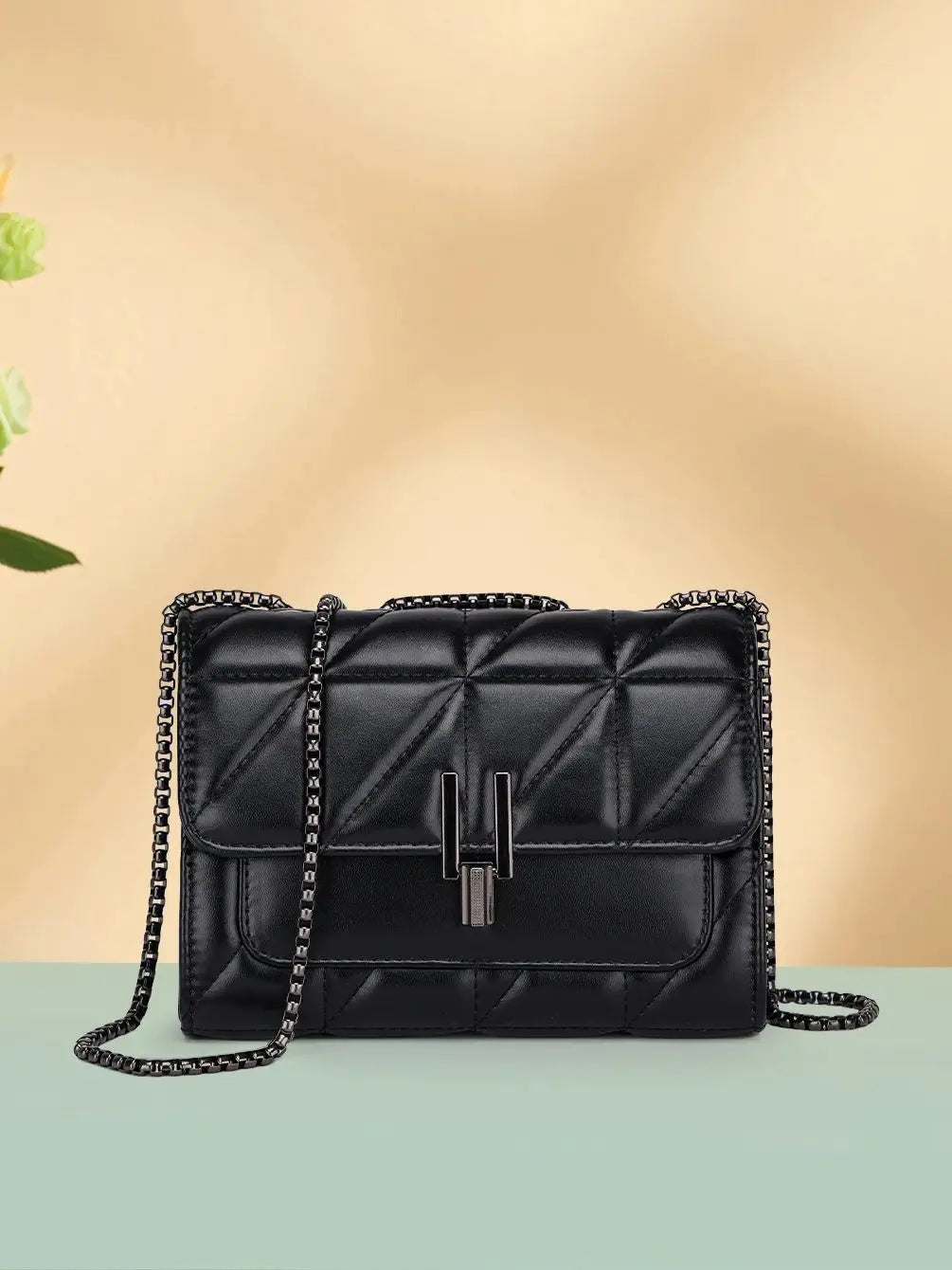 Quilted Black Leather Crossbody Bag With Chain on Luulla Quilted Black Leather Crossbody Bag With Chain on Luulla