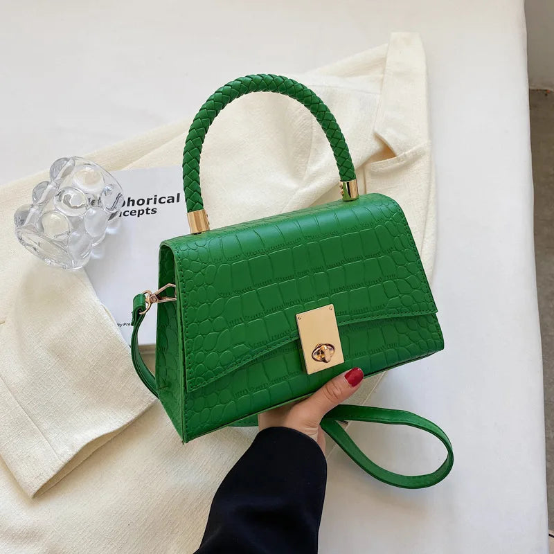 Elegant Green Croc embossed Leather Handbag With Lock