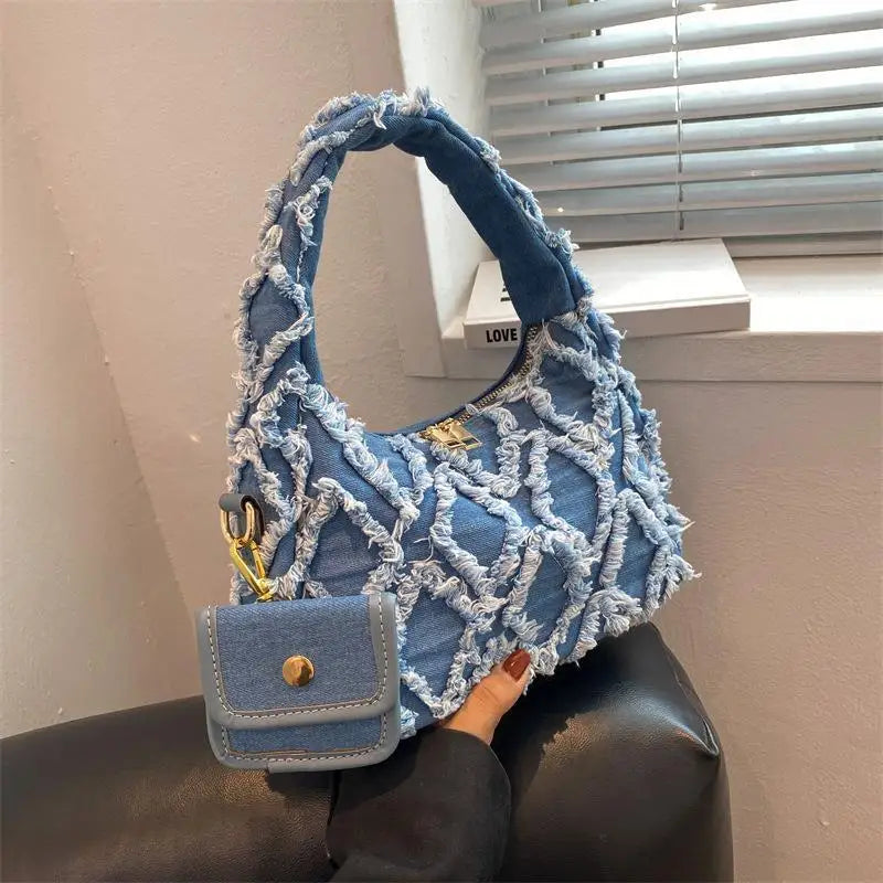 Denim Patchwork Handbag With Small Coin Purse