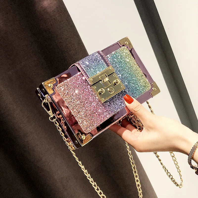 Rainbow Glitter Box Chain Bag Crossbody Purses