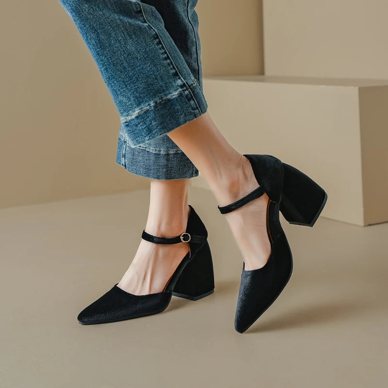 Black velvet chunky heels cheap