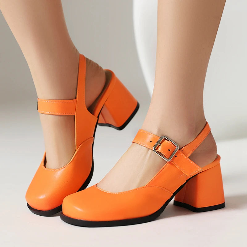 Womens Orange Chunky Heel Mary Jane Shoes on Luulla
