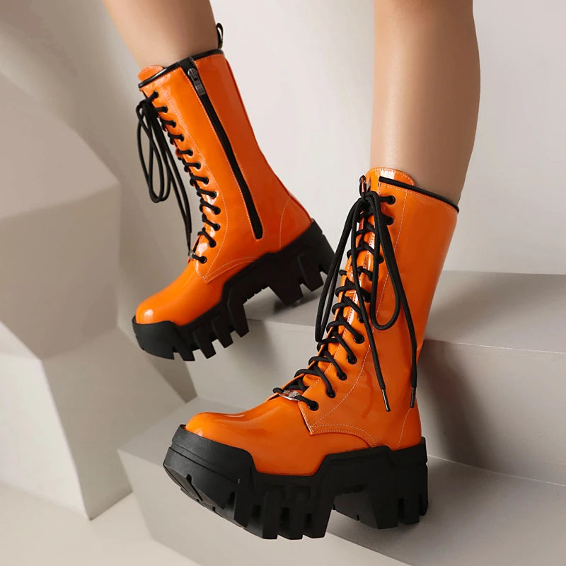 Bold Orange Lace Up Platform Combat Boots