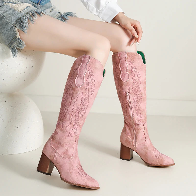 Womens Pink Suede Embroidered Western Knee Boots on Luulla