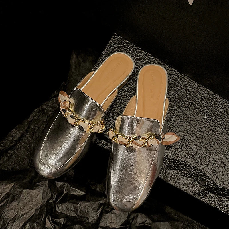 Silver Chain Embellished Slip-on Loafers For Women