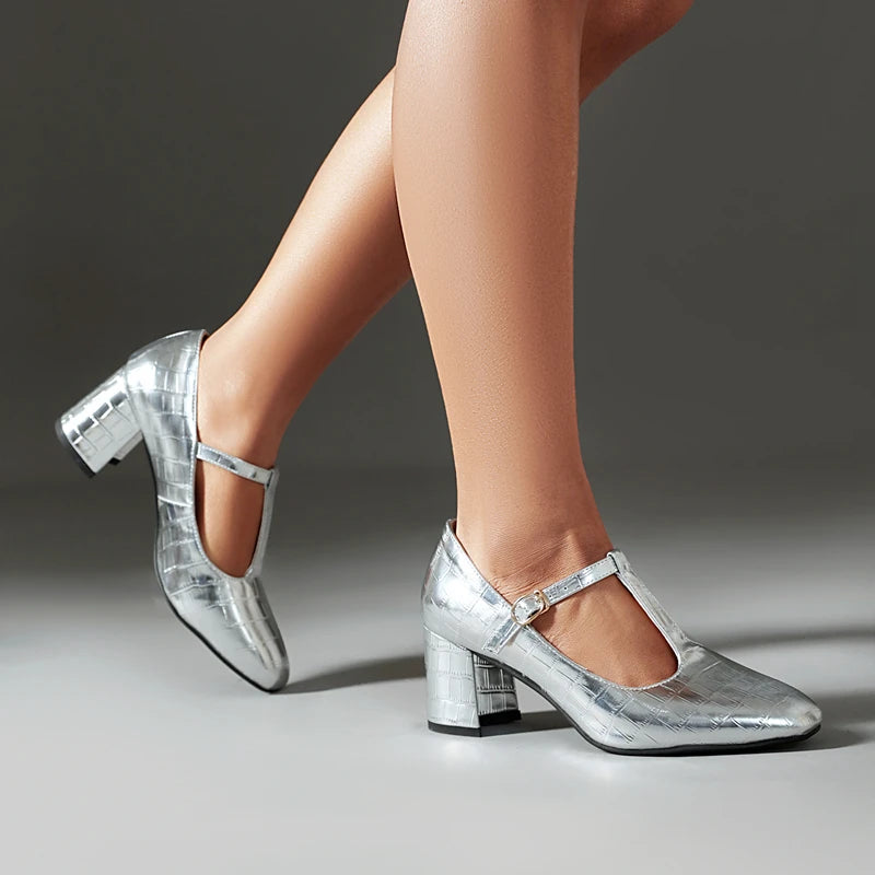 Silver block heel pump hot sale