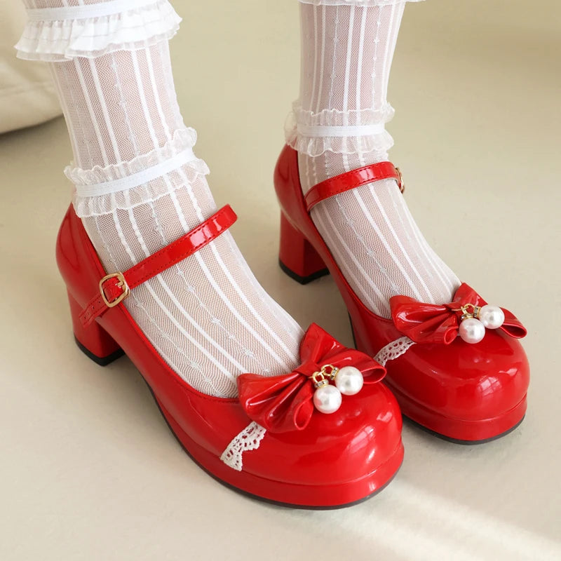 Red Mary Jane Shoes With Pearl Embellishments on Luulla
