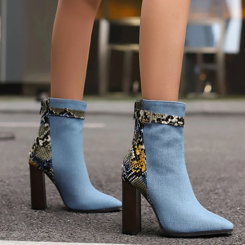 Denim High Heel Ankle Boots With Buckle on Luulla