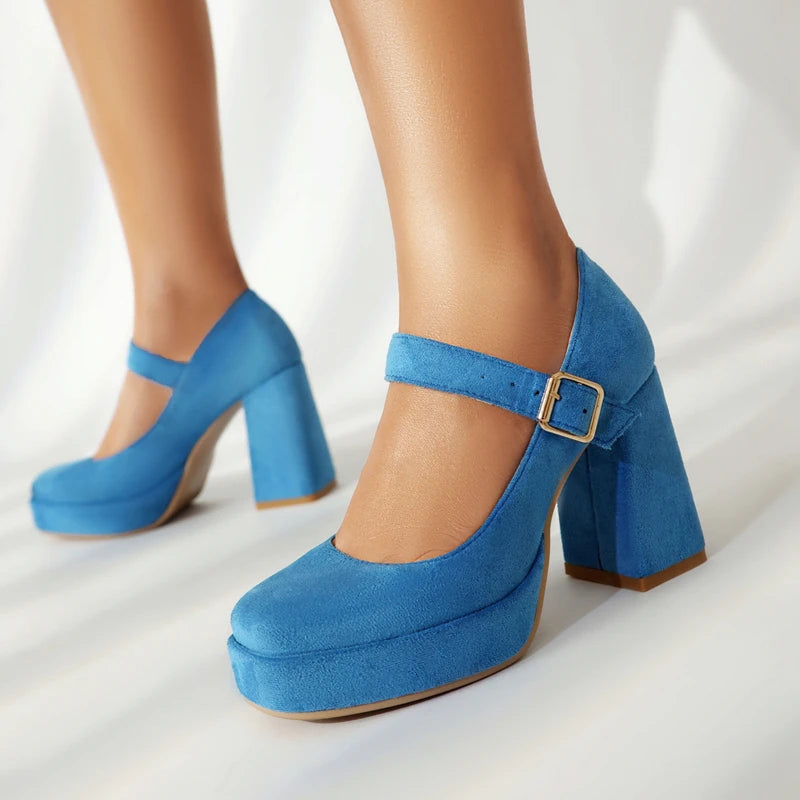 Blue Suede Mary Jane Platform Heel Shoes