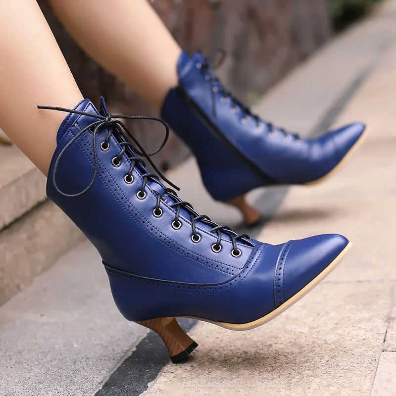 Womens Vintage Blue Lace-up Ankle Boots