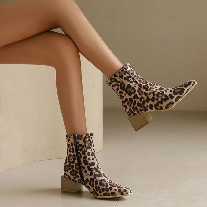 Leopard Print Chunky Heel Ankle Boots Women on Luulla
