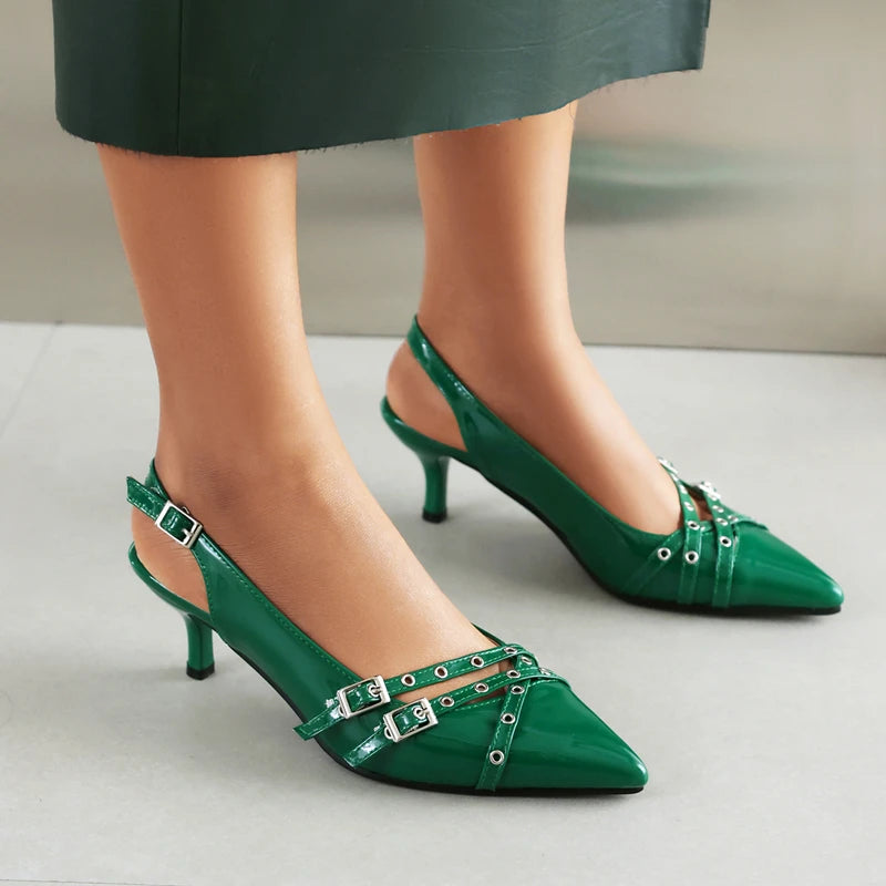 Stylish Green Patent Leather Buckle Strap Heels
