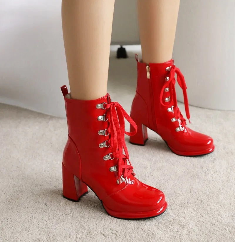 Red patent lace up boots top