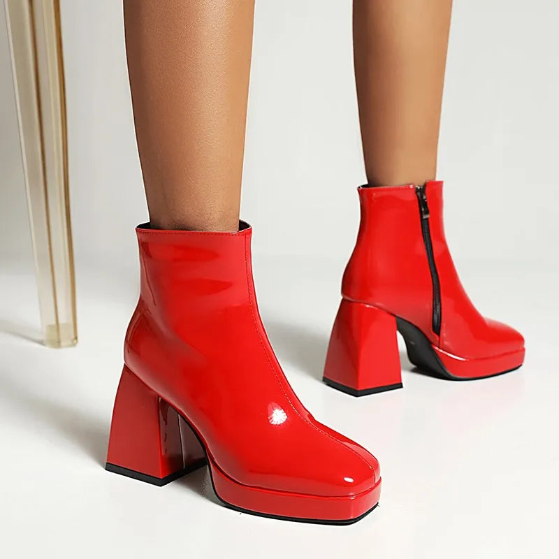 Red Patent Leather Chunky Heel Ankle Boots