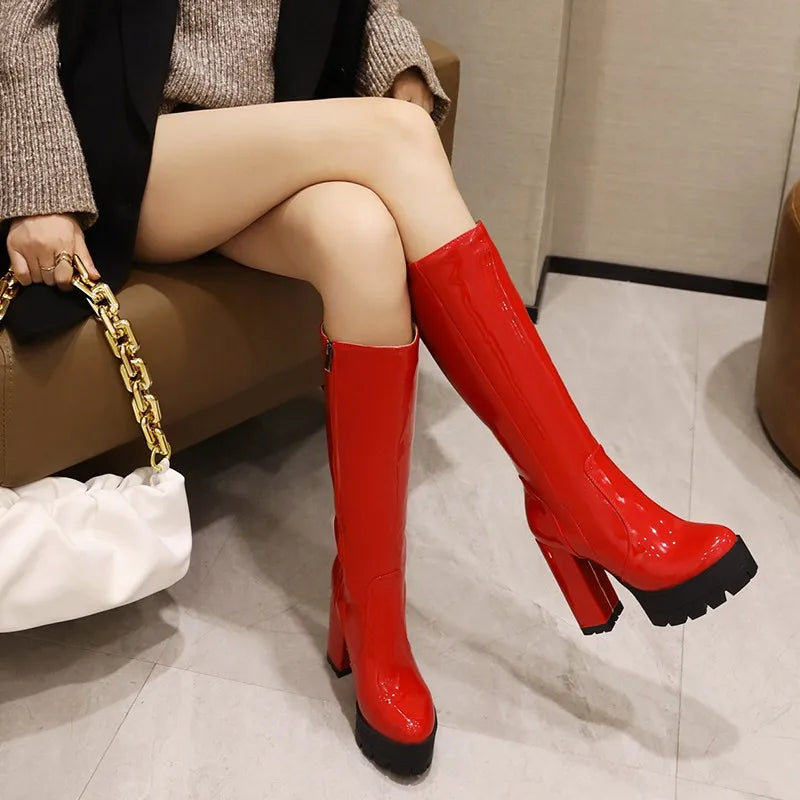 Red Shiny Knee High Platform Heel Boots